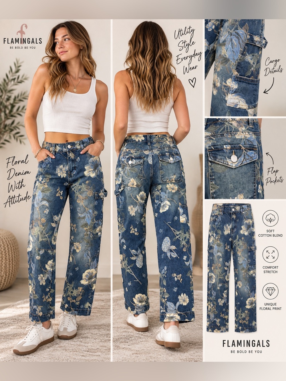 Flamingals NWT Floral Cargo Jeans Women’s M Botanical Carpenter Utility Y2K